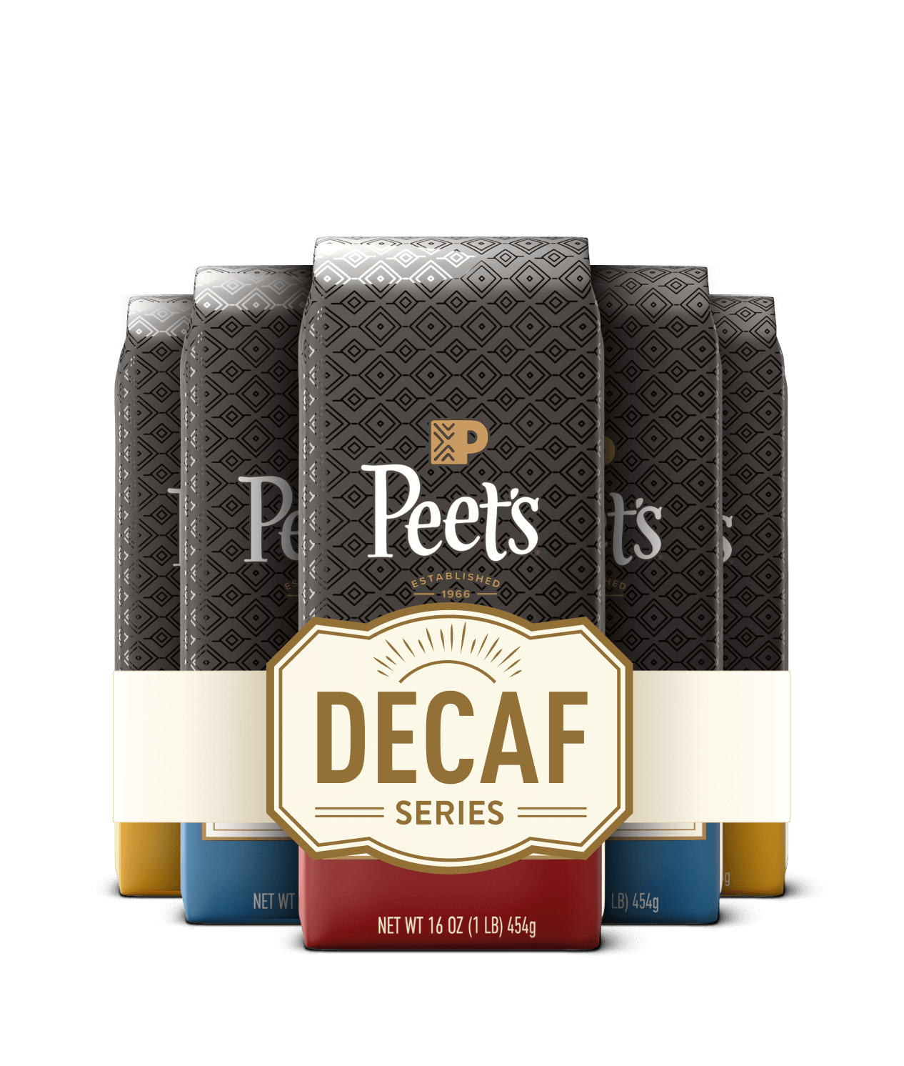Peet's Decaf coffee packages with a black background